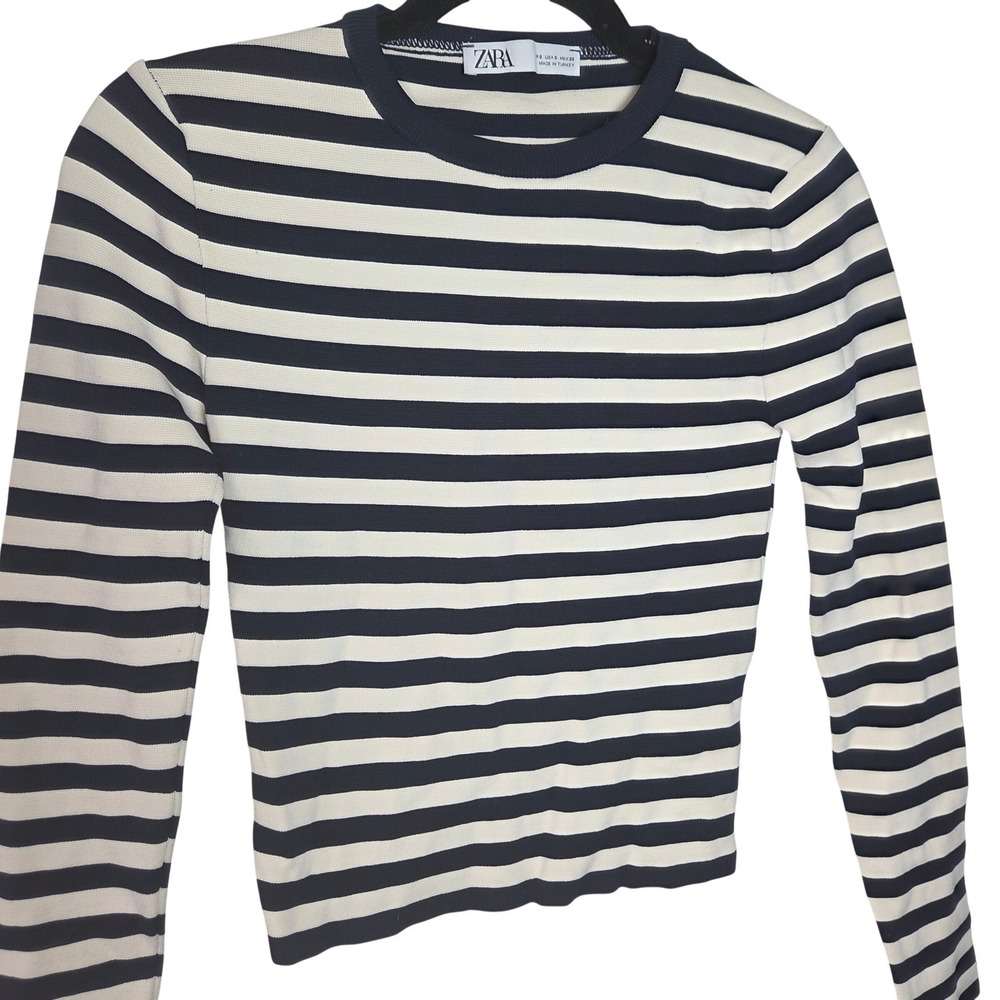 Zara Striped Ribbed Knit Sweater Cropped Fitted Crewneck Structured S Navy Blue